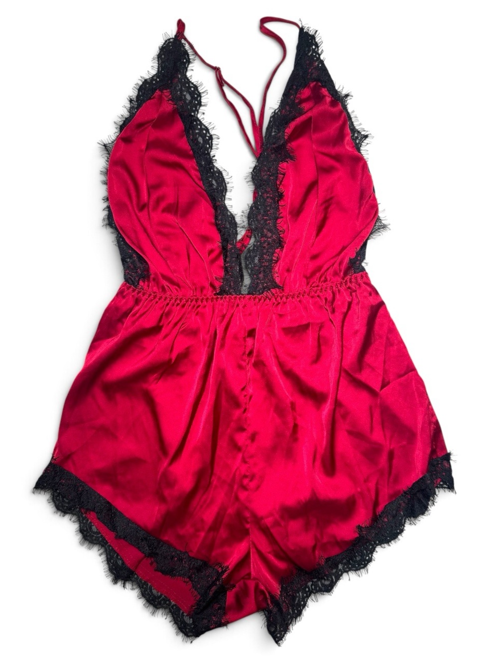 SHEIN Red Satin & Black Lace Lingerie Bodysuit Teddy- Small